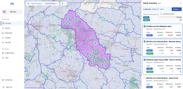 MitigationDesk map showing mitigation banks and credit availability across North Carolina watersheds