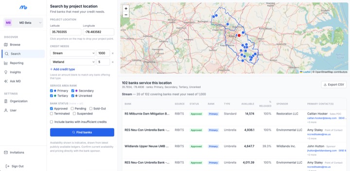 MitigationDesk search by project location listing banks that service a site with availability, status, and contacts